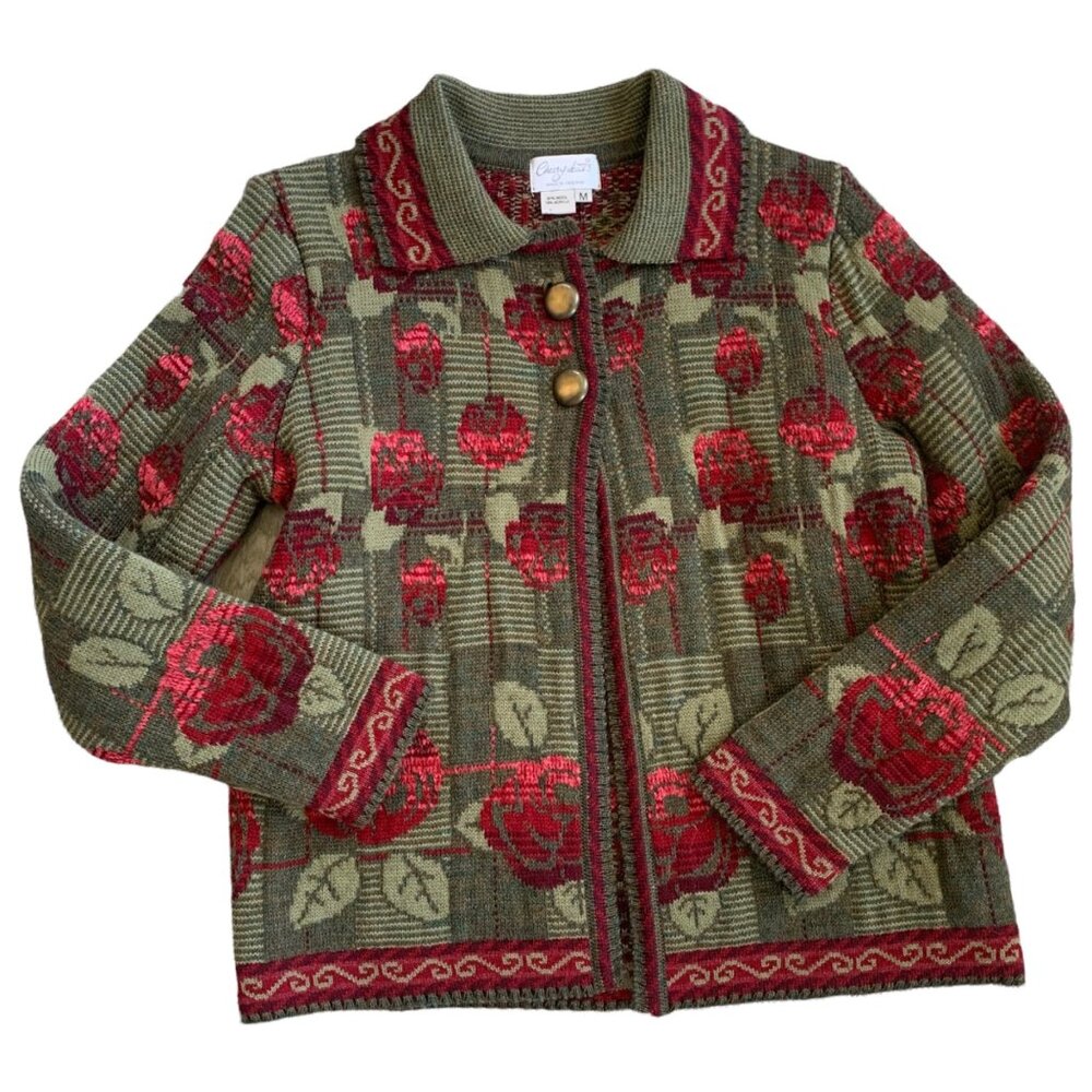 Vintage Cherry Lewis Floral Chunky Knit Wool Sweater Cardigan M